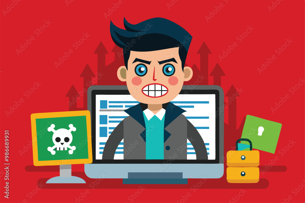Aufkleber a hacker with a sly grin sits at a desk with multiple screens showing ransomware symbols and locks, 