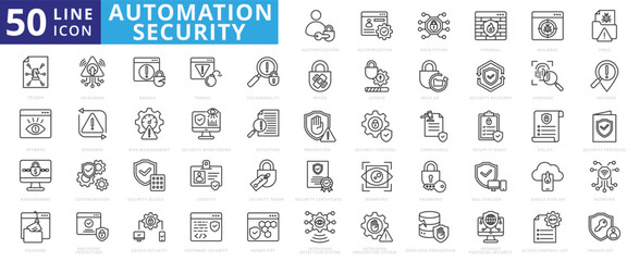 Automation security icon set with authorization, encryption, firewall, malware, virus, trojan, spyware, phishing and ransomware.