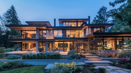 Obraz premium A modern home with large windows and a landscaped yard.