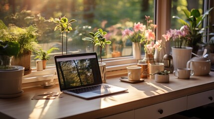 Laptop and Flowers on Windowsill