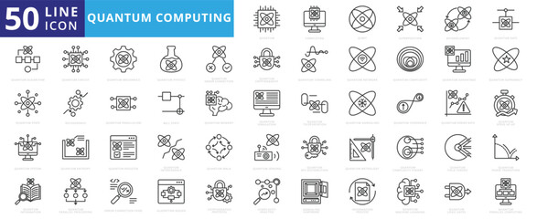 Quantum computing icon set with completing, qubit, superposition, entanglement, gate, algorithm, state, system, information and circuit.