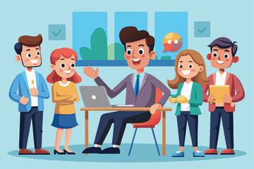 A group of five colleagues engages in a standup meeting around a desk, sharing ideas and collaborating, Customizable cartoon illustration for standup meetings.
