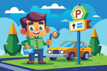 Fototapeta premium A friendly cartoon character stands beside a car in a vibrant park, holding a parking ticket and smiling, Customizable cartoon illustration for street paid parking.