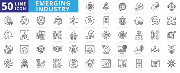 Emerging industry icon set with start up, technology, disruption, ai, blockchain, fintech, iot, robotic, automation and renewable energy.