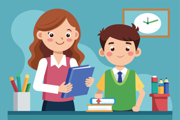 A cheerful teacher is helping a young student with books at a classroom desk during a school day, Customizable cartoon illustration for teacher and student.