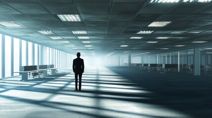 A businessman standing alone in an empty office, looking reflective and slightly sad, with sunlight streaming through large windows, capturing the poignant moment of an office closure.