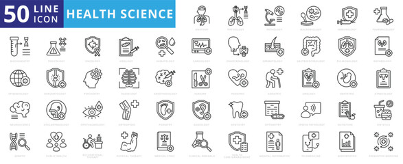 Health science icon set with medical ethic, physiology, pathology, macrobiology, immunology, pharmacology, biochemistry, epidemiology and neuroscience.