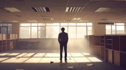 Fototapeta premium A businessman standing alone in an empty office, looking reflective and slightly sad, with sunlight streaming through large windows, capturing the poignant moment of an office closure.