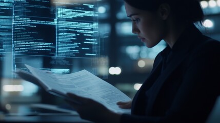 Fototapeta premium Close-up of a banker reviewing financial documents, with a blurred background of legal books and a digital screen displaying banking regulations, emphasizing compliance importance.