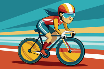Fototapeta premium A cyclist accelerates on a colorful track, showcasing speed and determination in a bright landscape, Customizable cartoon illustration for track cycling.