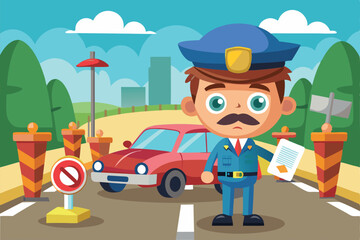 Obraz premium A traffic officer stands near a car, handing out a fine at a city intersection with barricades, Customizable cartoon illustration for traffic fine.