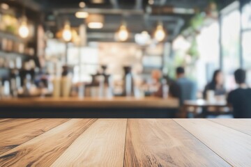 A wooden table top with a blurred background of people in a coffee shop, styled for product display or e-commerce promotion.