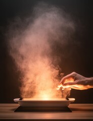 Chef controlling a smart stove with a tablet in a tech-savvy kitchen