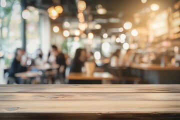 A wooden table top with a blurred background of people in a coffee shop, styled for product display or e-commerce promotion.