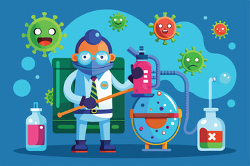 A scientist uses a sprayer to disinfect various cartoon viruses in a bright laboratory environment, Customizable cartoon illustration for virus disinfection.