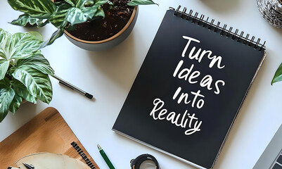 Notebook with "Turn Ideas into Reality" surrounded by plants
