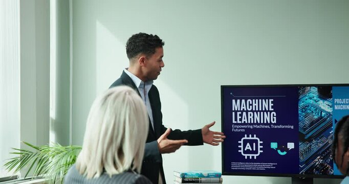 Conference, discussion and man with presentation in office for AI project, pitch or development idea. IT, meeting and business people with workshop for computer science, training and machine learning