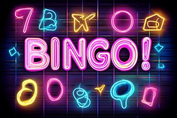 Neon sign with the word &ldquo;BINGO!&rdquo; surrounded by colorful neon numbers, bright lights on a dark background, vector illustration with vibrant colors.