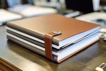 Close-up of Three Brown Leather-Bound Books on a Wooden Table