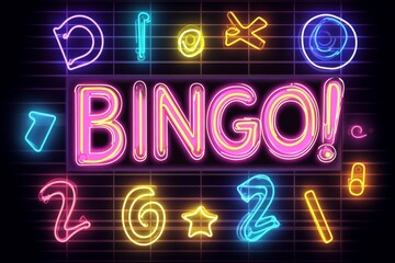 Neon sign with the word &ldquo;BINGO!&rdquo; surrounded by colorful neon numbers, bright lights on a dark background, vector illustration with vibrant colors.