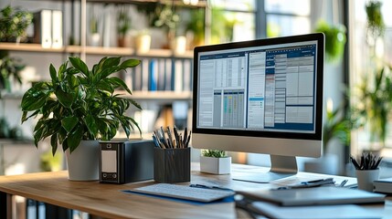 A Computer Monitor Displaying Data and Spreadsheets on a Wooden Desk