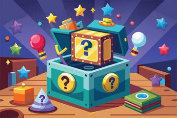 Obraz premium A vibrant mystery box sits open with colorful items spilling out and sparkles around it, creating excitement, Customizable cartoon illustration in a mystery box.