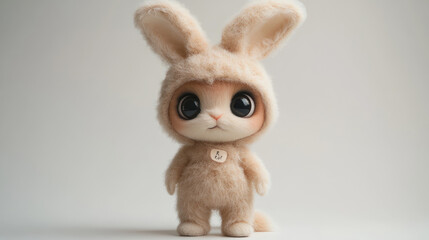 Obraz premium A stuffed rabbit in a bunny costume is standing on a white background. The rabbit has a cute and innocent expression on its face