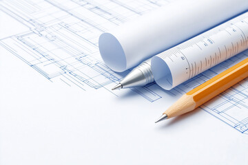 Architectural drafting tools and blueprints on a workspace in a well-lit studio