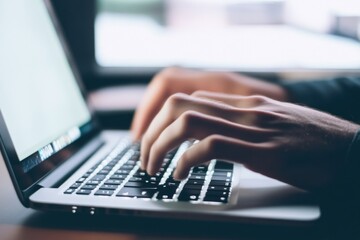 Focused individual typing on a laptop, representing detailed work in business technology or online writing, with one hand on the keyboard and the other hovering above it.