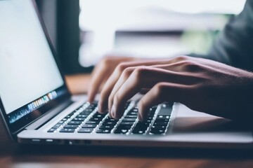 Focused individual typing on a laptop, representing detailed work in business technology or online writing, with one hand on the keyboard and the other hovering above it.