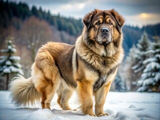 Muscular Siberian mastiff dog outdoors with snow in the background, price concept