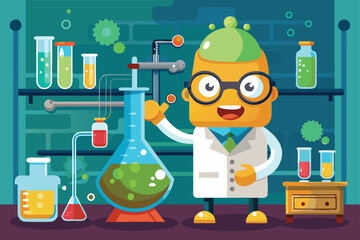 A playful scientist in glasses holds up a beaker, surrounded by colorful solutions in a lab environment, Customizable cartoon illustration of a beaker in chemistry.