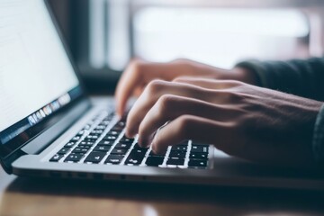 Focused individual typing on a laptop, representing detailed work in business technology or online writing, with one hand on the keyboard and the other hovering above it.