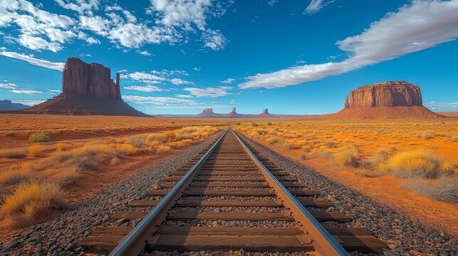 Railroad Tracks Through Monument Valley with Red Rock Formations and Blue Sky - Powered by Adobe