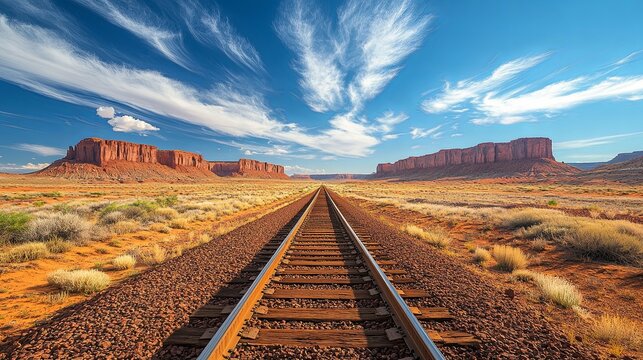 Railroad Tracks Through Monument Valley with Cirrus Clouds