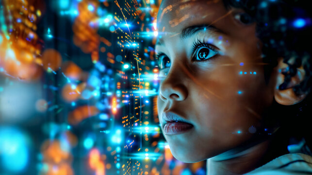 Portrait child with digital code overlay, AI learning, data and technology future, digital tech education, cybersecurity and digital marketing - Powered by Adobe