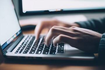 Focused individual typing on a laptop, representing detailed work in business technology or online writing, with one hand on the keyboard and the other hovering above it.