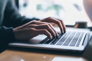 Focused individual typing on a laptop, representing detailed work in business technology or online writing, with one hand on the keyboard and the other hovering above it.