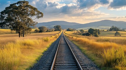 Train Tracks Through Golden Grass and Rolling Hills