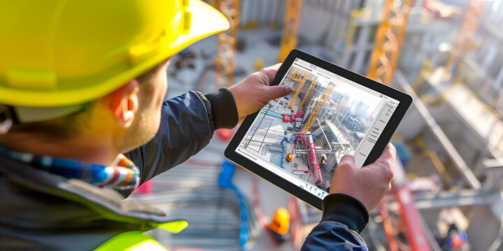 Construction Worker Managing Site with Tablet, Digital Tools for Construction Site Inspection, Construction worker using a tablet on a building site