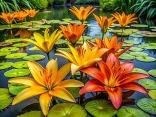 Fototapeta premium Orange and yellow lilies bursting forth in bloom on a lush verdant mound of green lily pads, creating