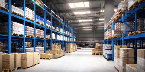 Wide-angle view of a bustling warehouse with blue racking and shelves filled with boxes, bright overhead lighting, and rows of pallets showcasing various products in their packaging.