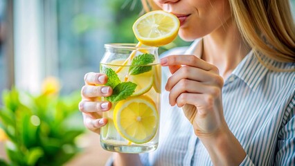 Fototapeta premium A person drinking lemon-infused water for detox