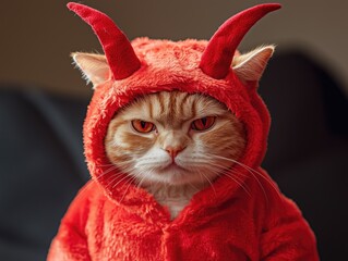 orange cat wearing a devil halloween costume