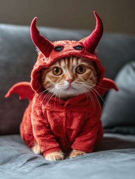 orange cat wearing a devil halloween costume