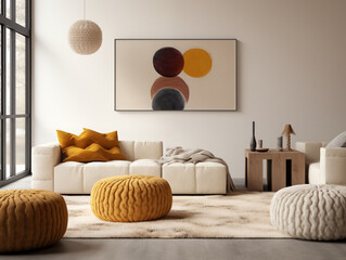 Modern interior design of scandinavian living room with chunky knit textured pouffs in autumn and neutral colors