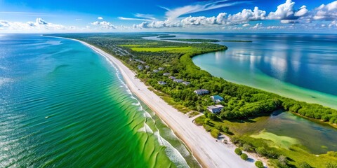 Over Sanibel Island, the coastline unfurls in tranquil beauty, showcasing emerald-green beaches and verdant dunes,