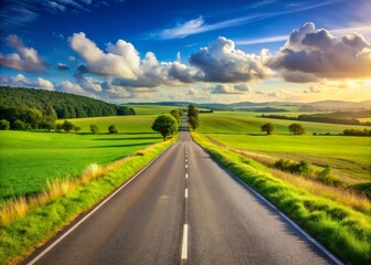 Fototapeta premium Panoramic view of a secluded asphalt one-lane road disappearing into the horizon with green meadows on either side