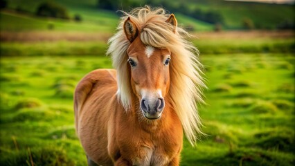 Fototapeta premium Perched in a lush meadow, a soft-coated miniature horse tilts its gentle gaze at the camera, its big