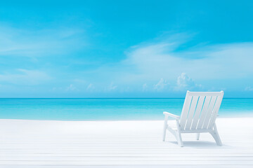 Obraz premium Relaxing white chair on a pristine beach under a clear blue sky during a sunny day